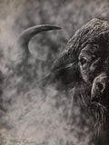 A monochrome black and white artwork depicting the head and curved horn of a bison or wild cow emerging through smoky mist, with a signature in the lower left corner.