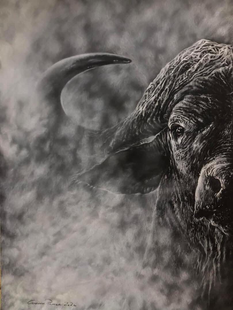 A monochrome black and white artwork depicting the head and curved horn of a bison or wild cow emerging through smoky mist, with a signature in the lower left corner.