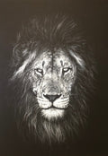 A dramatic black and white portrait painting of a male lion's face and mane, filling the frame against a dark background.
