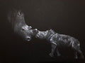 A dramatic white charcoal drawing of a white rhinoceros standing in profile facing her calf, set against a very dark background.